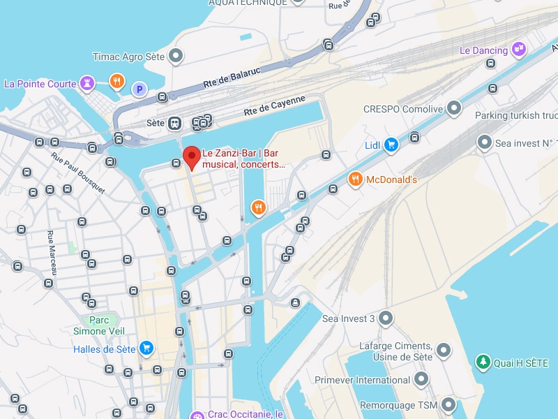 Carte Sète : Le Zanzi-Bar, Transports et Commerces Carte de Sète centrée sur Le Zanzi-Bar, avec indications des rues (Rte de Balaruc, Rte de Cayenne), d'établissements (McDonald's, Lidl) et de nombreux arrêts de bus.
