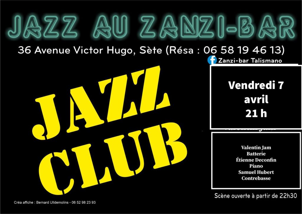 Concert trio jazz au zanzi -bar à Sete à 21 h