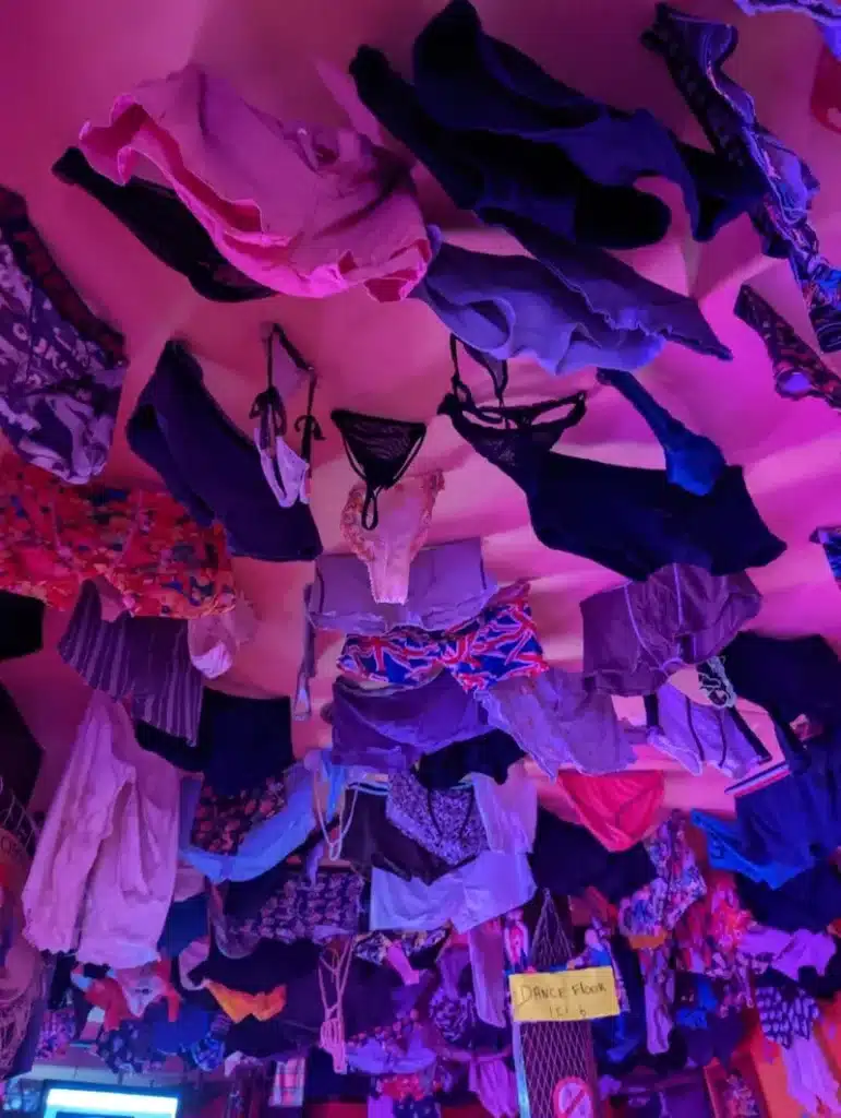 Sous-vêtements de club : ambiance rose néon intense Vêtements et lingerie variés suspendus au plafond rose néon d'une boîte de nuit. Ambiance intense. Panneau lisible : "DANCE FLOOR".