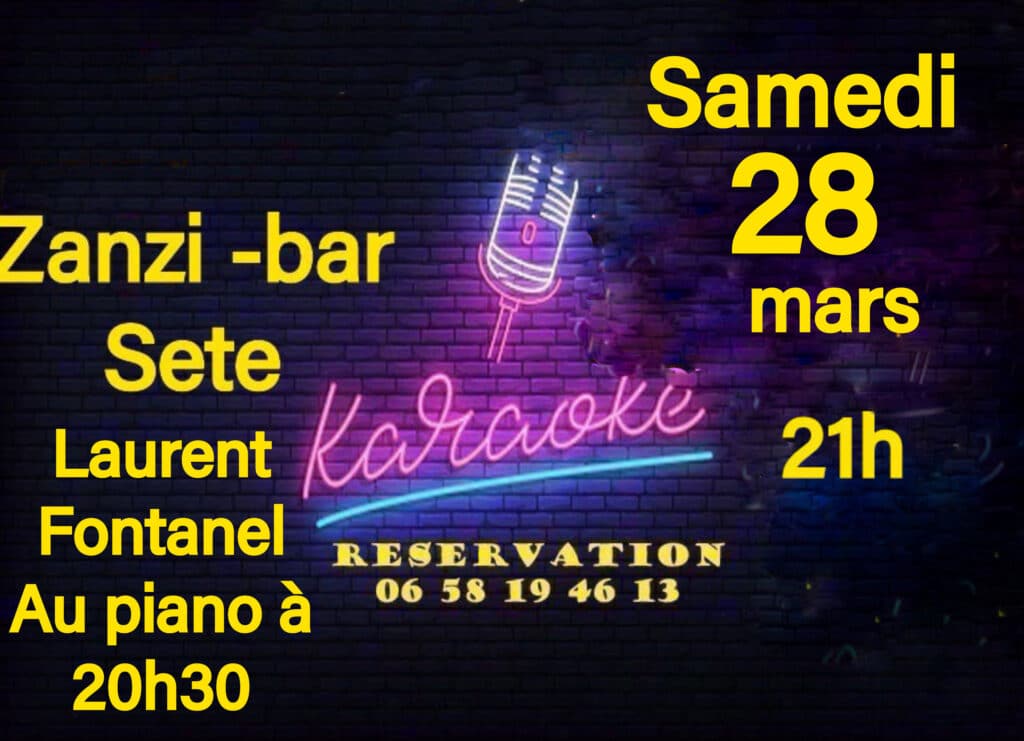 Karaoké au Zanzi-bar Sète avec Laurent Fontanel au piano le samedi 28 mars dès 20h30. Décor néon sur mur de briques.