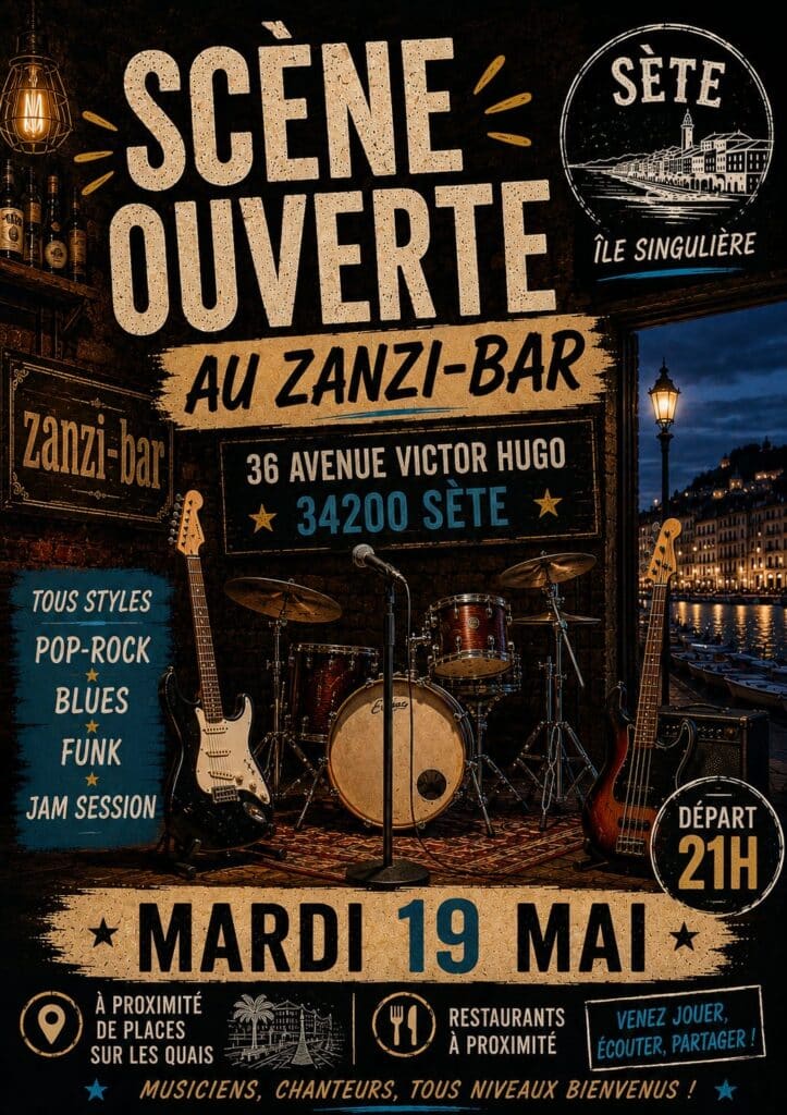 Scène ouverte au Zanzi-Bar à Sète, mardi 19 mai dès 21h. Instruments de musique sur scène, ambiance jam session conviviale.