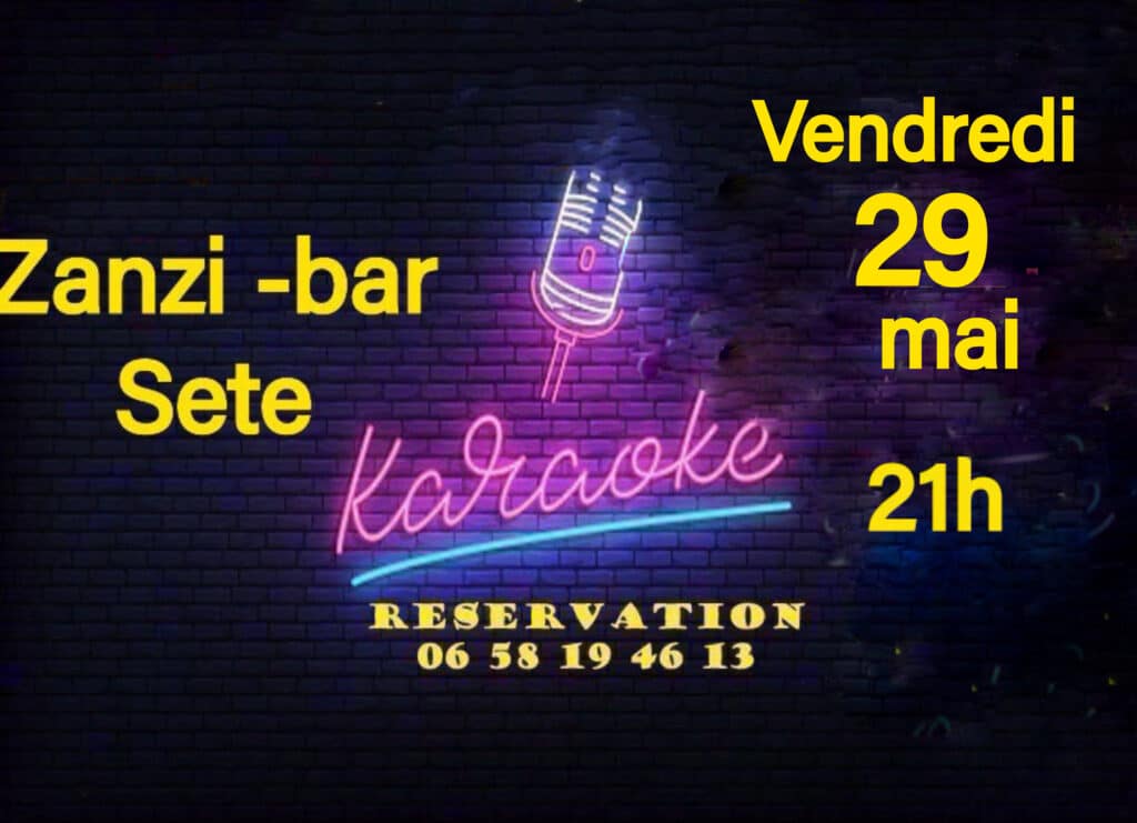 Soirée karaoké au Zanzi-bar Sète le vendredi 29 mai à 21h. Micro en néon rose sur fond de mur de briques sombre.
