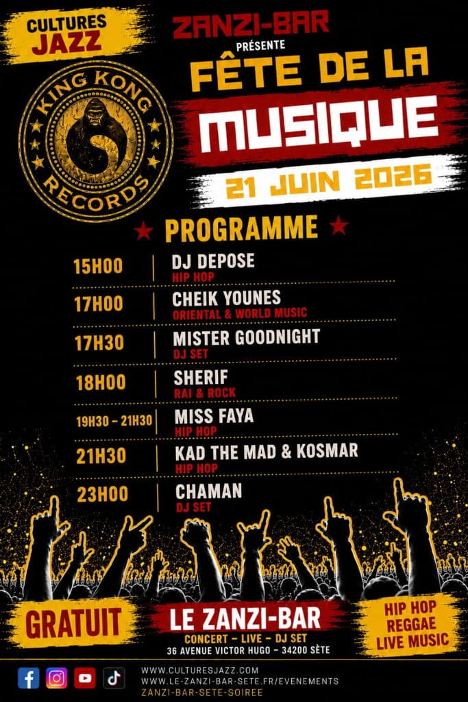 Affiche Fête de la Musique 2026 au Zanzi-Bar, Sète. Concerts gratuits Hip Hop, Rock et DJ sets avec foule en liesse.