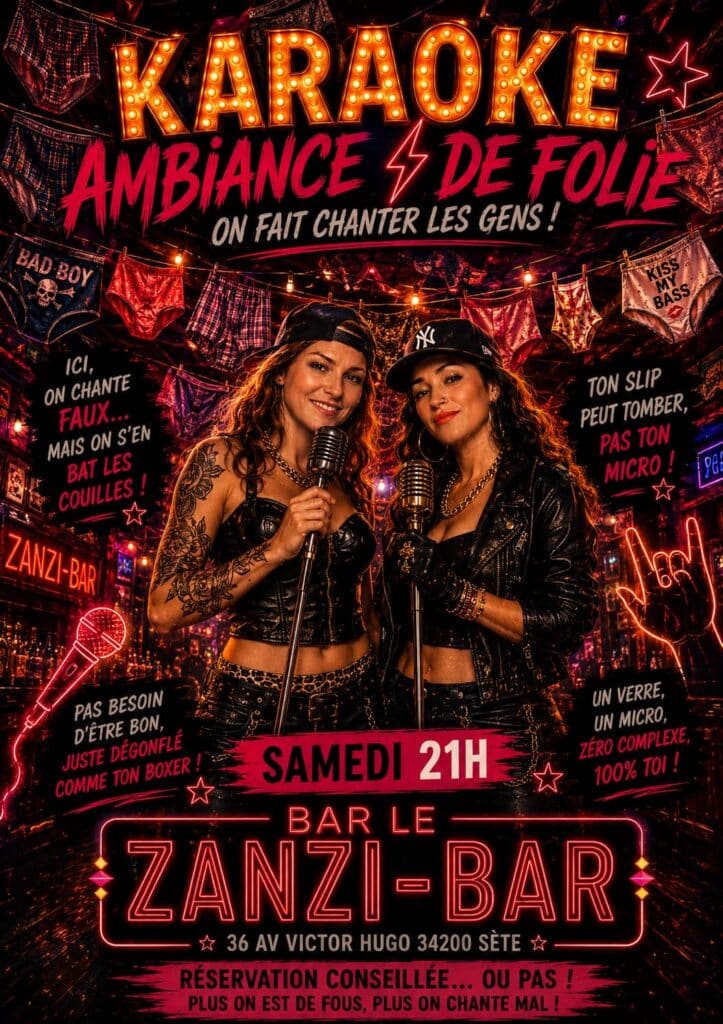 Karaoké déjanté au Zanzi-Bar à Sète : chanteuses rock, ambiance festive, samedi 21h.
