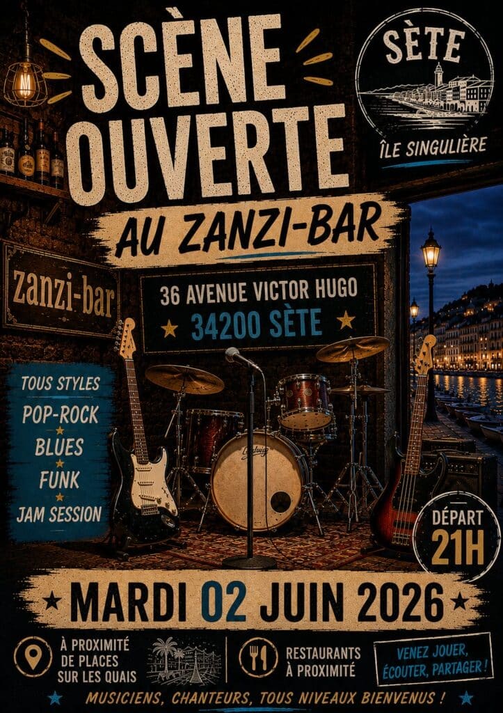 Affiche Scène Ouverte au Zanzi-Bar, Sète, 2 juin 2026 dès 21h. Musique pop-rock, blues, funk et jam session.