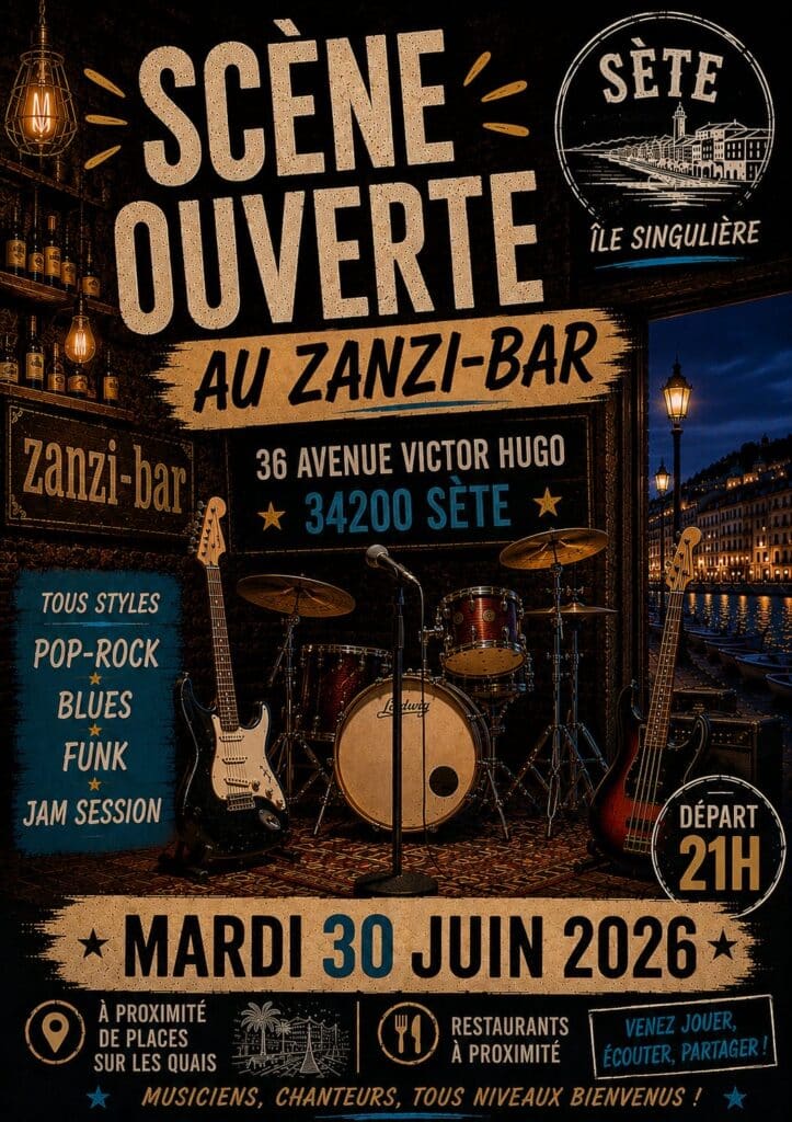 Affiche Scène Ouverte au Zanzi-Bar à Sète, 30 juin 2026. Instruments sur scène pour soirée pop-rock, blues et jam session.