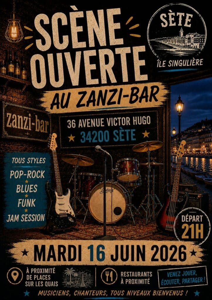 Affiche Scène Ouverte au Zanzi-Bar à Sète le 16 juin 2026. Jam session Pop-Rock, Blues et Funk avec instruments.